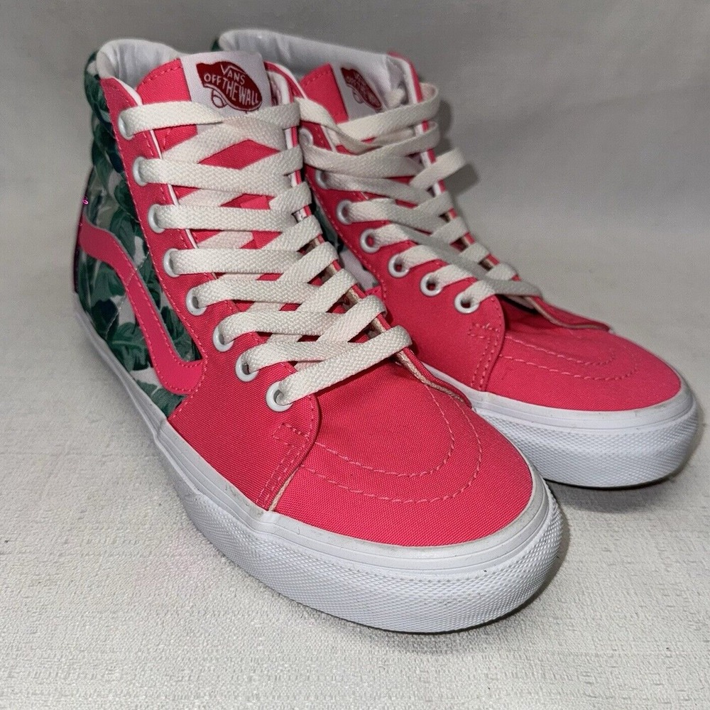 Vans Sk8-Hi High Top Women 7.5 Pink Tropical Leaf Glitter Krewe Kanaval Skater